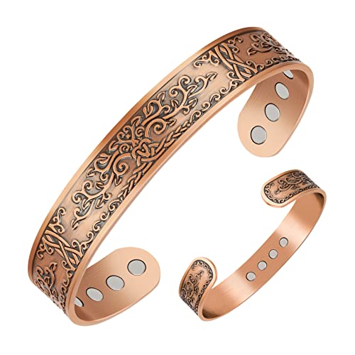 Jeracol Copper Magnetic Bracelets for Men, Tree of Love Design 99.99% Solid Copper Magnetic Cuff Bangle with 12pcs Powerful Magnets(Each 3800 Gauss), Brazaletes Jewelry with Gift Box