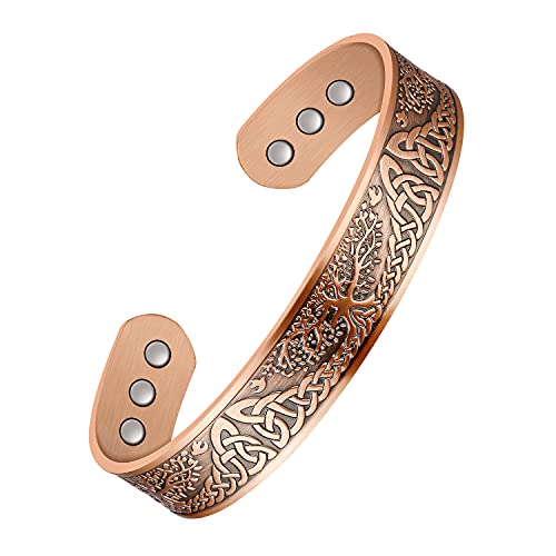 Jeracol Copper Magnetic Bracelet for Men Women,Tree of Life 100% Solid Copper Cuff Bangle with 6 3500 Guass Magnets,Adjustable Size Brazaletes with Jewellry Gift Box