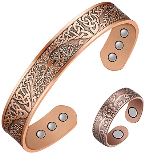 Jeracol Copper Magnetic Bracelet and Ring Set for Men Women,Tree of Life Magnetic Bangle and Magnetic Ring with Strong Magnets,Adjustable Size Brazaletes with Jewelry Gift Box
