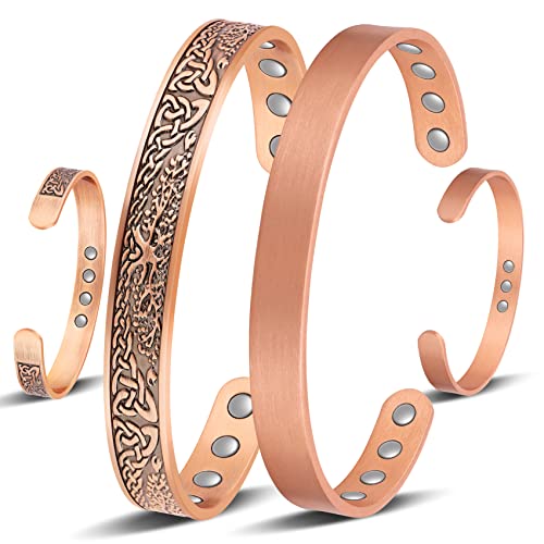 Jeracol Copper Magnetic Bracelet for Men Women,2 Pack 99.99% Solid Copper Cuff Bangle with Pattern Design Magnetic Bracelets with Ultra Strength Magnets,Adjustable Size Bracelet with Gift Box