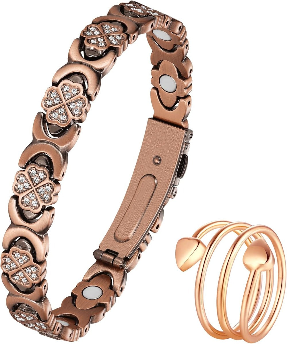 Copper Bracelet & Ring for Women, Ultra Strength Magnetic Bracelet with 3800 Gauss Magnets, Four-Leaf Clover & Infinity Heart Symbol & Crystal, Adjustable Tools and Jewelry Gift Box