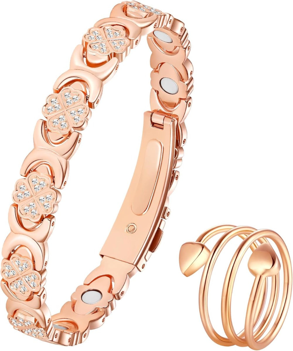 Copper Bracelet & Ring for Women, Ultra Strength Magnetic Bracelet with 3800 Gauss Magnets, Four-Leaf Clover & Infinity Heart Symbol & Crystal, Adjustable Tools and Jewelry Gift Box