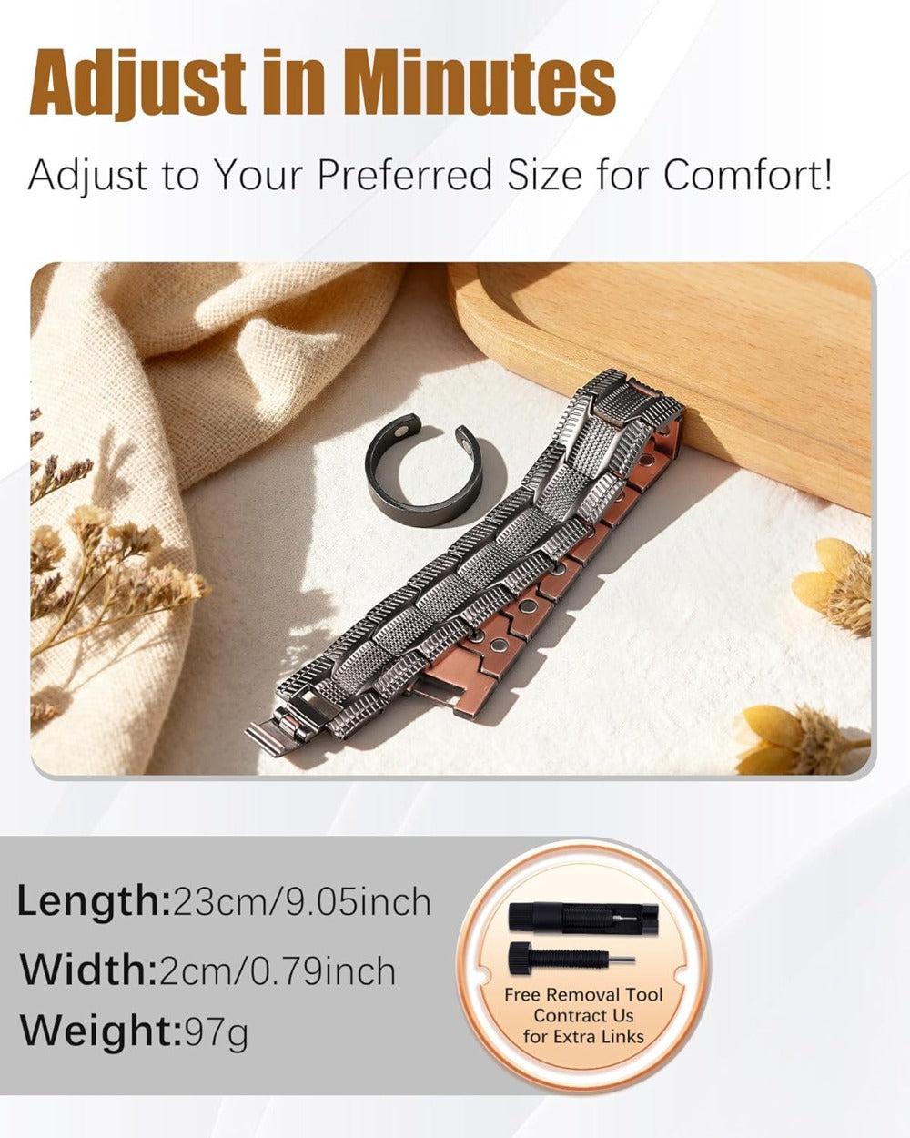 Copper Bracelet for Men, 3X Strength Magnetic Copper Bracelets with 3500 Gauss Magnets, Adjustable Length Sizing Tool & Jewelry Box