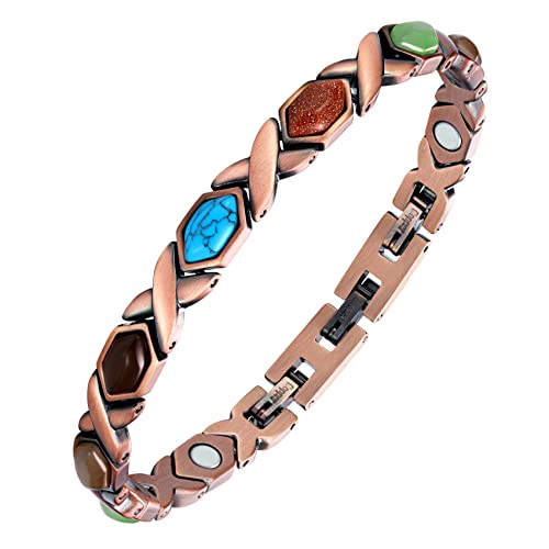 Jeracol Copper Magnetic Bracelets for Women,99.99% Copper Women Magnetic Wristband with Ultra Strength Magnets and Hexagon Shape Stone,Adjustable Size Brazaletes with Remove Tool & Gift Box(Blue)