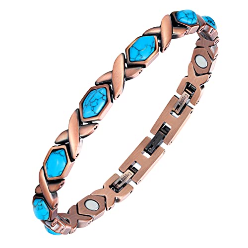 Jeracol Copper Magnetic Bracelets for Women,99.99% Copper Women Magnetic Wristband with Ultra Strength Magnets and Hexagon Shape Stone,Adjustable Size Brazaletes with Remove Tool & Gift Box(Blue)