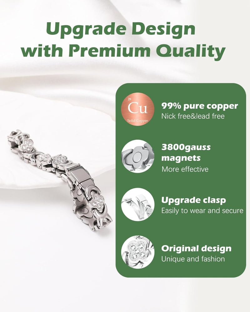 Copper Magnetic Bracelet & Ring for Women, Ultra Strength Magnetic Bracelet with 3800 Gauss Magnets, 99% Pure Copper Four-Leaf Clover Jewelry