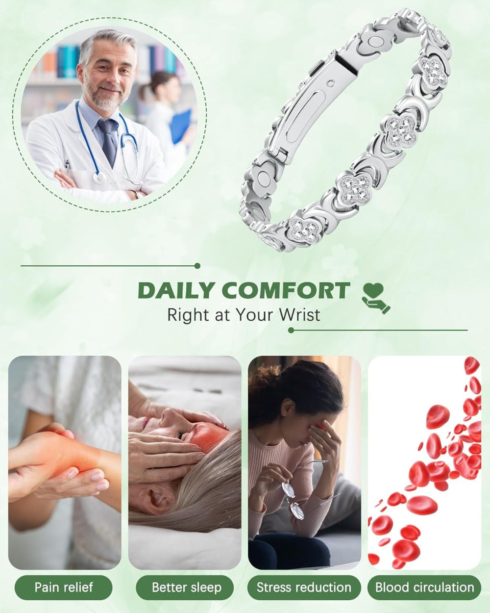 Copper Magnetic Bracelet & Ring for Women, Ultra Strength Magnetic Bracelet with 3800 Gauss Magnets, 99% Pure Copper Four-Leaf Clover Jewelry