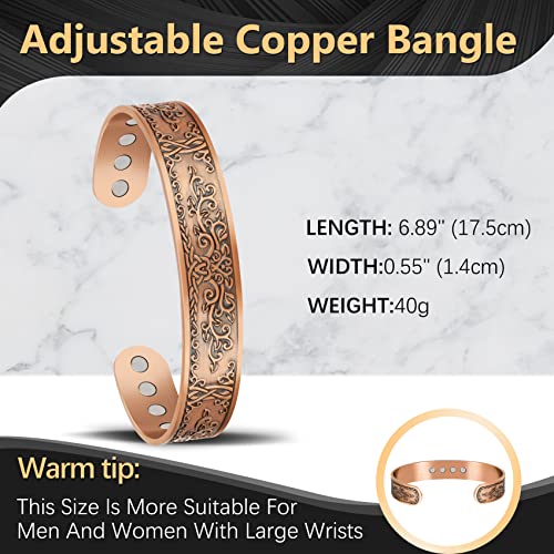 Jeracol Copper Magnetic Bracelets for Men, Tree of Love Design 99.99% Solid Copper Magnetic Cuff Bangle with 12pcs Powerful Magnets(Each 3800 Gauss), Brazaletes Jewelry with Gift Box