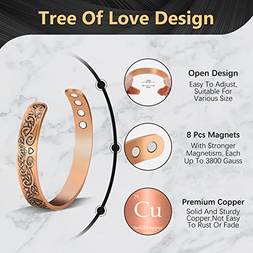 Jeracol Copper Magnetic Bracelets for Women, Tree of Love Design 99.99% Solid Copper Magnetic Cuff Bangle with 8pcs Powerful Magnets(Each 3800 Gauss), Brazaletes Jewelry with Gift Box