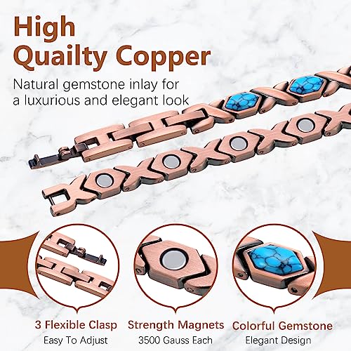 Jeracol Copper Magnetic Bracelets for Women,99.99% Copper Women Magnetic Wristband with Ultra Strength Magnets and Hexagon Shape Stone,Adjustable Size Brazaletes with Remove Tool & Gift Box(Blue)