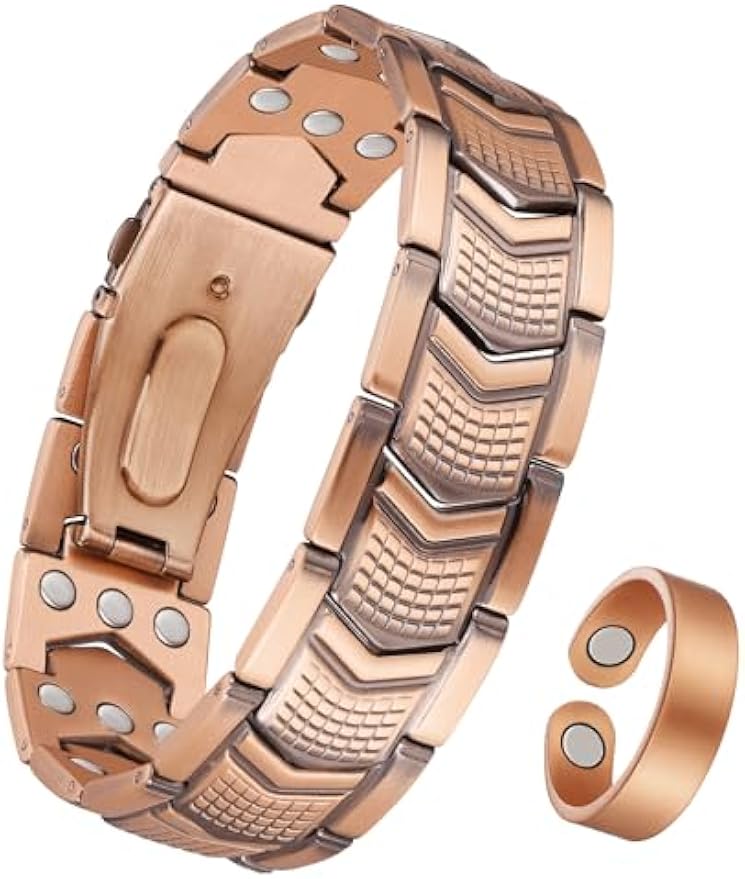 3X Strength Magnetic Copper Bracelet for Men - 99.9% Pure Copper Bracelet & Ring Set - Premium Fold-Over Clasp and Adjustable Length Sizing Tool & Jewelry Box
