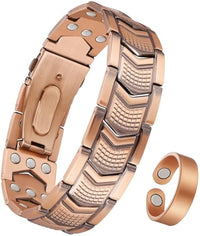3X Strength Magnetic Copper Bracelet for Men - 99.9% Pure Copper Bracelet & Ring Set - Premium Fold-Over Clasp and Adjustable Length Sizing Tool & Jewelry Box