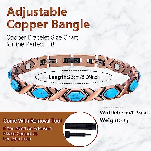 Jeracol Copper Magnetic Bracelets for Women,99.99% Copper Women Magnetic Wristband with Ultra Strength Magnets and Hexagon Shape Stone,Adjustable Size Brazaletes with Remove Tool & Gift Box(Blue)