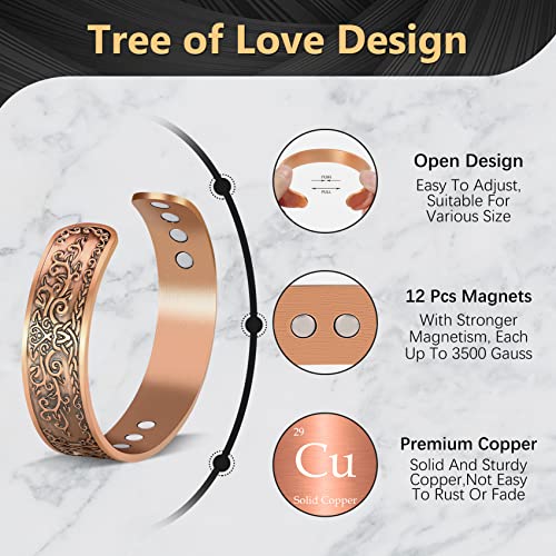 Jeracol Copper Magnetic Bracelets for Men, Tree of Love Design 99.99% Solid Copper Magnetic Cuff Bangle with 12pcs Powerful Magnets(Each 3800 Gauss), Brazaletes Jewelry with Gift Box