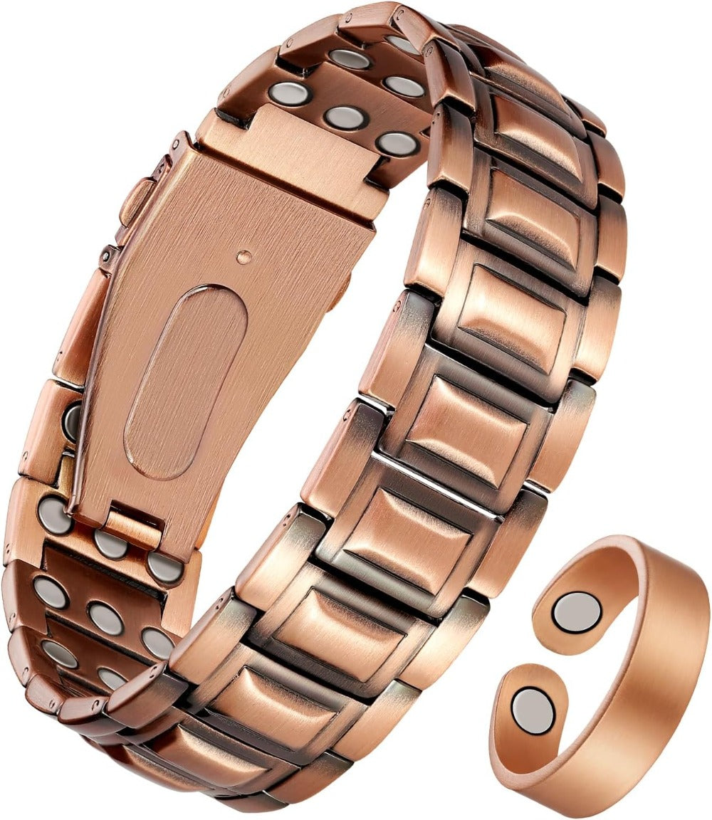 3X Strength Magnetic Copper Bracelet for Men - 99.9% Pure Copper Bracelet & Ring Set - Premium Fold-Over Clasp and Adjustable Length Sizing Tool & Jewelry Box