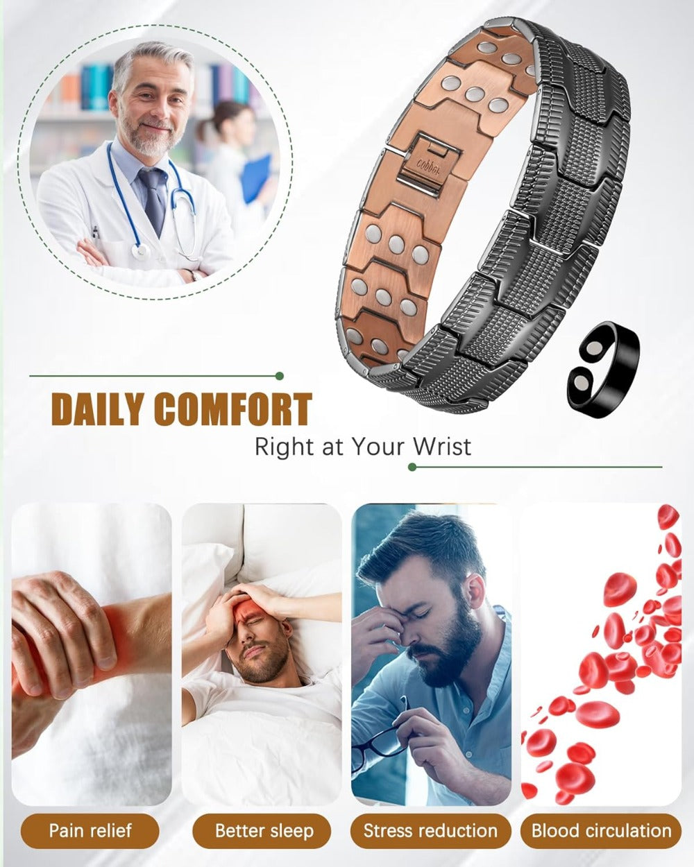 Copper Bracelet for Men, 3X Strength Magnetic Copper Bracelets with 3500 Gauss Magnets, Adjustable Length Sizing Tool & Jewelry Box