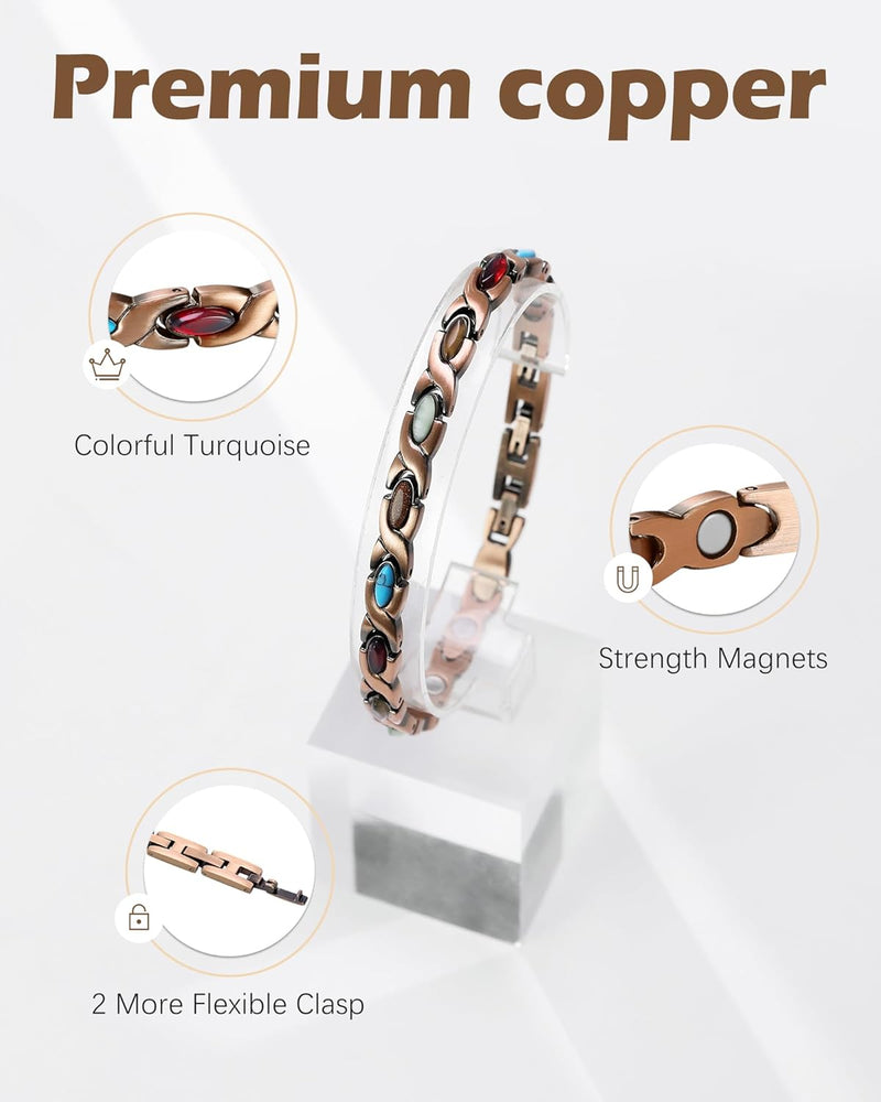 99% Copper Bracelets for Women,Magnetic Bracelet with Turquoise Stone,Adjustable Length with Sizing Tool in Gift Box