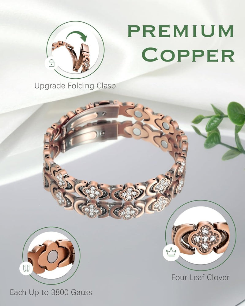 Jeracol 99% Copper Bracelet for Women,Magnetic Bracelet for Women with Lucky Clover Design,Adjustable Length with Sizing Tool in Gift Box