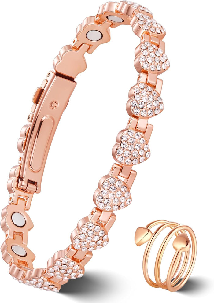 Jeracol Copper Bracelet & Ring for Women, Ultra Strength Magnetic Bracelet with 3800 Gauss Magnets, Four-Leaf Clover & Infinity Heart Symbol & Crystal, Adjustable Tools and Jewelry Gift Box