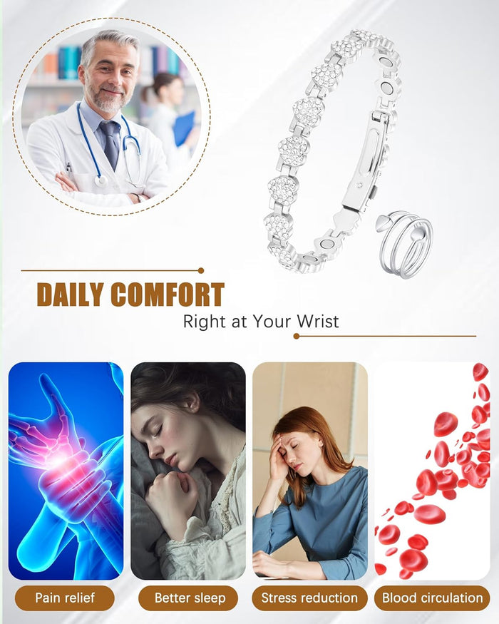 Jeracol Copper Bracelet & Ring for Women, Ultra Strength Magnetic Bracelet with 3800 Gauss Magnets, Four-Leaf Clover & Infinity Heart Symbol & Crystal, Adjustable Tools and Jewelry Gift Box