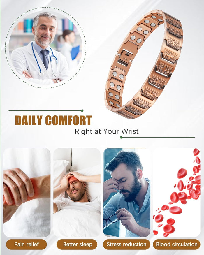 Copper Cross Bracelet for Men, Magnetic Therapy Bracelet with Powerful 3800 Gauss Magnets - Adjustable Length with Sizing Tool & Gift Box