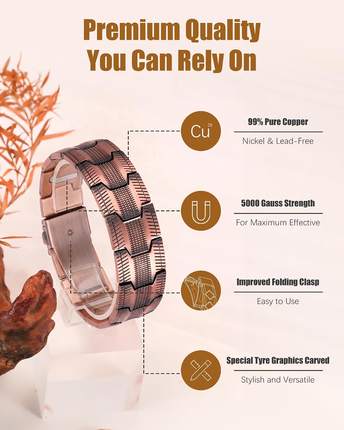 Jeracol Copper Bracelets for Men,99% Pure Copper Magnetic Bracelet