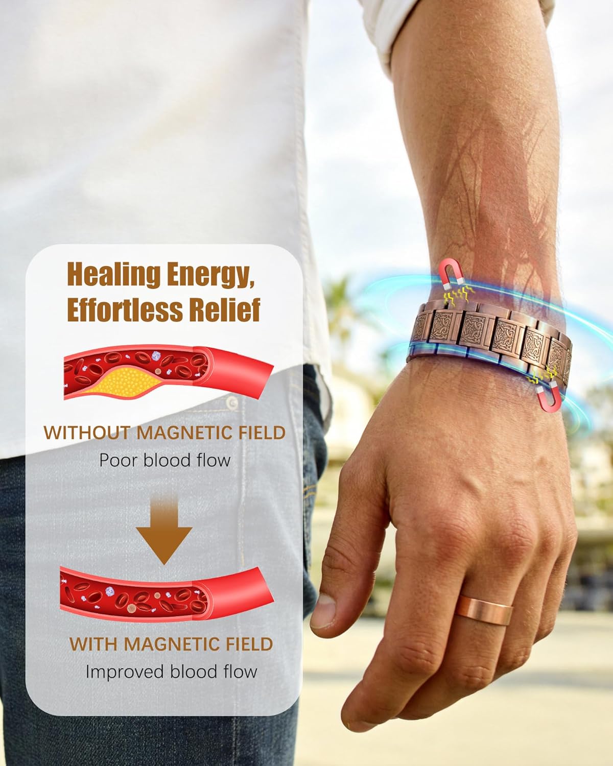 Ultra Magnetic Copper Bracelet & Ring for Men, 99.9% Pure Copper Bracelet, Premium Fold-Over Clasp and Adjustable Length Sizing Tool & Jewelry Gift Box