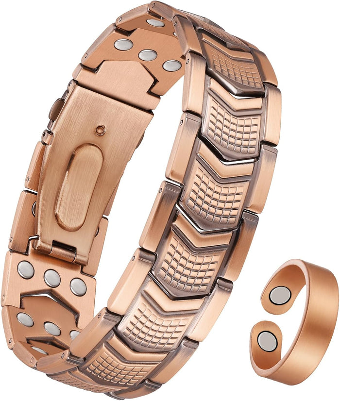 3X Strength Magnetic Copper Bracelet for Men - 99.9% Pure Copper Bracelet & Ring Set - Premium Fold-Over Clasp and Adjustable Length Sizing Tool & Jewelry Box
