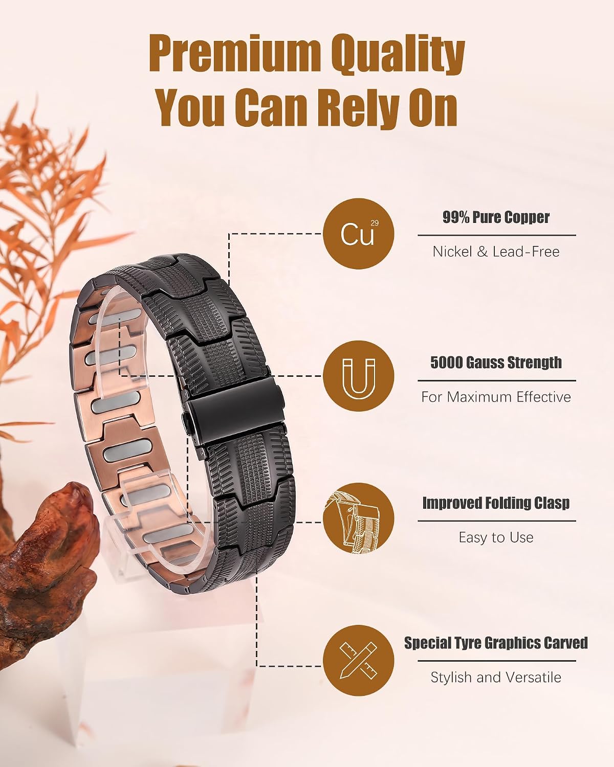 Jeracol Copper Bracelets for Men,99% Pure Copper Magnetic Bracelet