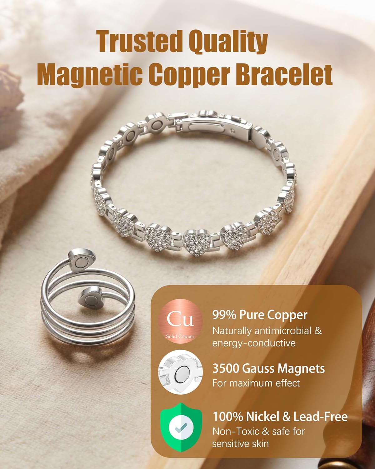 Jeracol Copper Bracelet & Ring for Women, Ultra Strength Magnetic Bracelet with 3800 Gauss Magnets, Four-Leaf Clover & Infinity Heart Symbol & Crystal, Adjustable Tools and Jewelry Gift Box