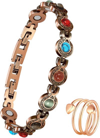 Copper Bracelet & Ring for Women, Natural Turquoise & Stones, Adjustable Length Sizing Tool & Jewelry Box