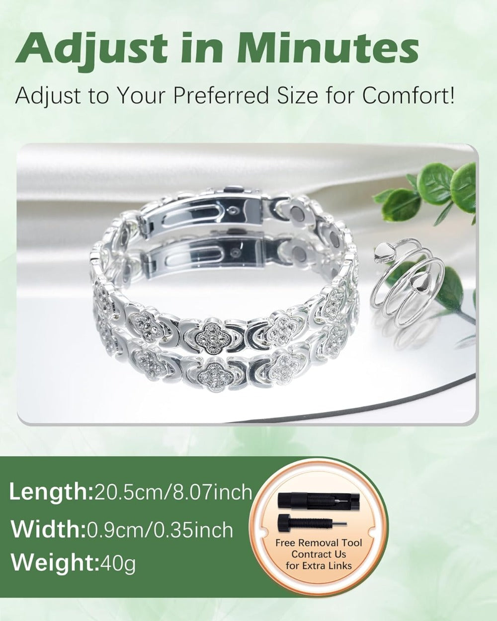 Copper Magnetic Bracelet & Ring for Women, Ultra Strength Magnetic Bracelet with 3800 Gauss Magnets, 99% Pure Copper Four-Leaf Clover Jewelry