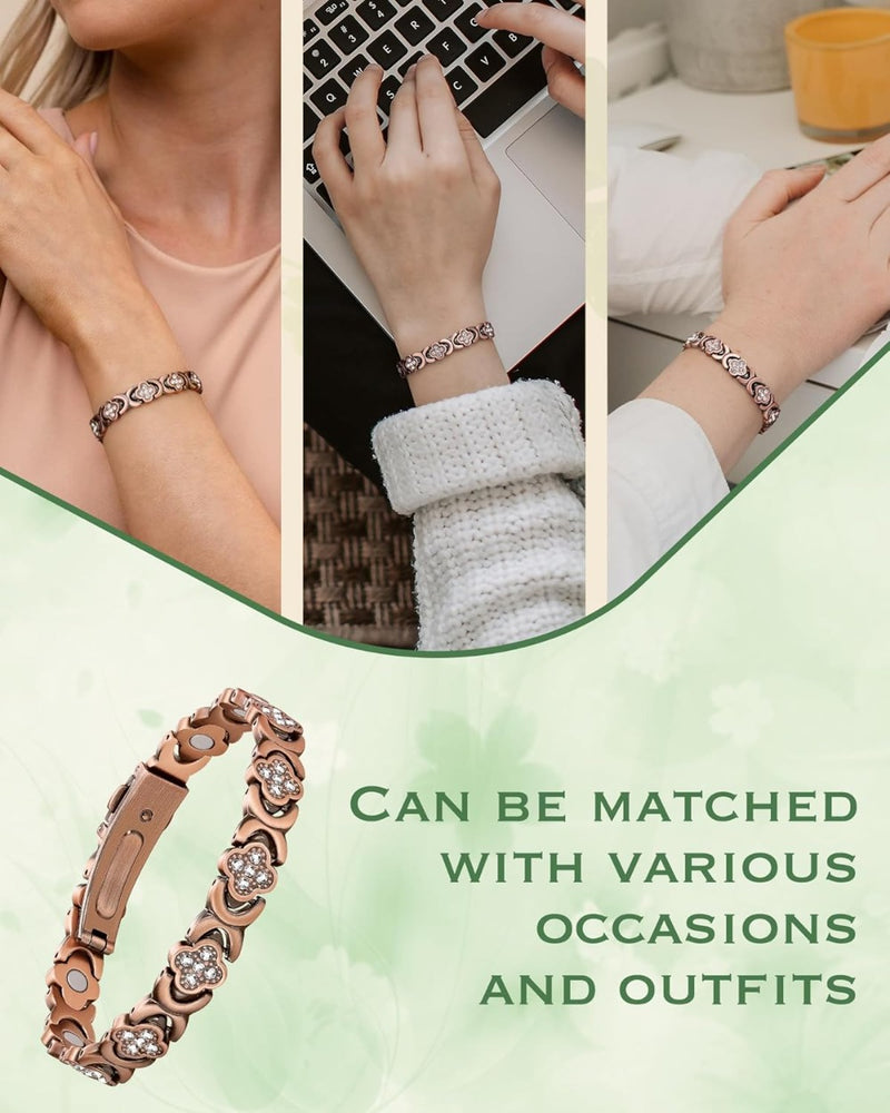 Jeracol 99% Copper Bracelet for Women,Magnetic Bracelet for Women with Lucky Clover Design,Adjustable Length with Sizing Tool in Gift Box