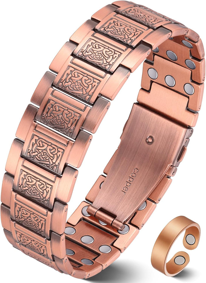 3X Strength Magnetic Copper Bracelet & Ring for Men, 99.9% Pure Copper Bracelet, Premium Fold-Over Clasp and Adjustable Length Sizing Tool & Jewelry Gift Box(Celtic Knot)