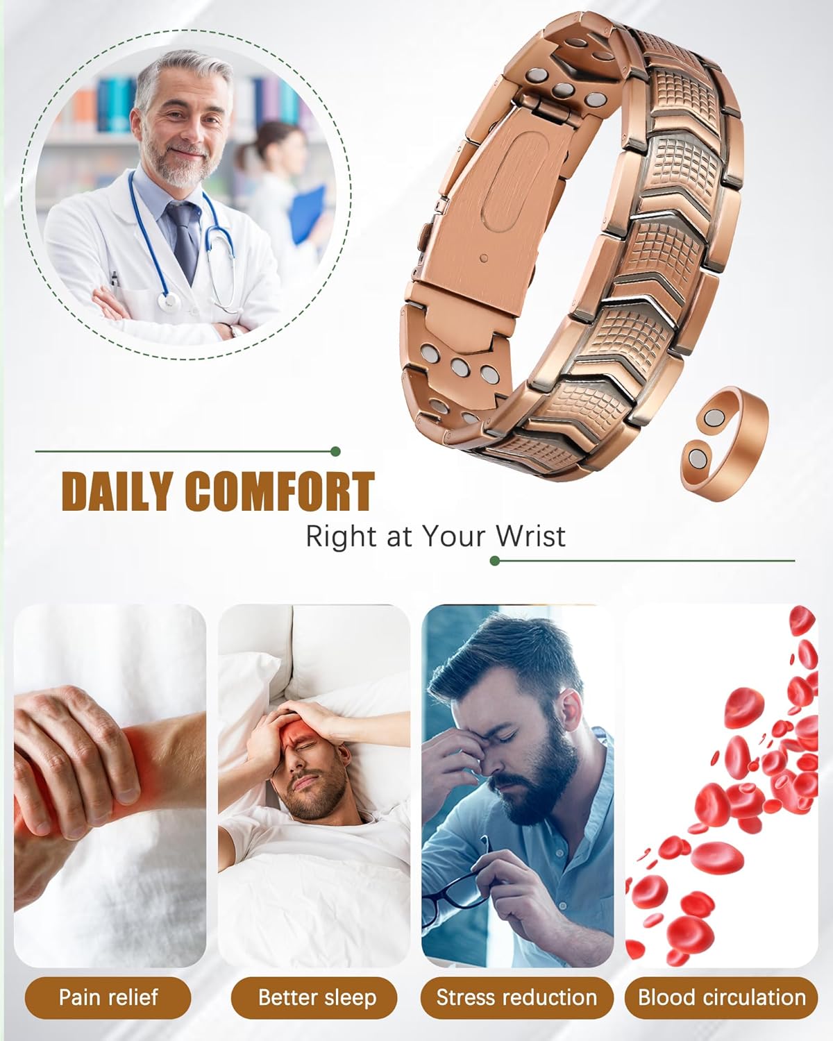 3X Strength Magnetic Copper Bracelet for Men - 99.9% Pure Copper Bracelet & Ring Set - Premium Fold-Over Clasp and Adjustable Length Sizing Tool & Jewelry Box