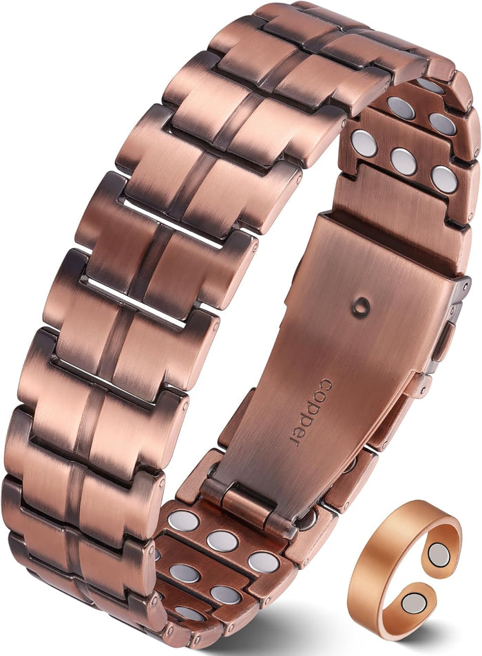 Ultra Magnetic Copper Bracelet & Ring for Men, 99.9% Pure Copper Bracelet, Premium Fold-Over Clasp and Adjustable Length Sizing Tool & Jewelry Gift Box