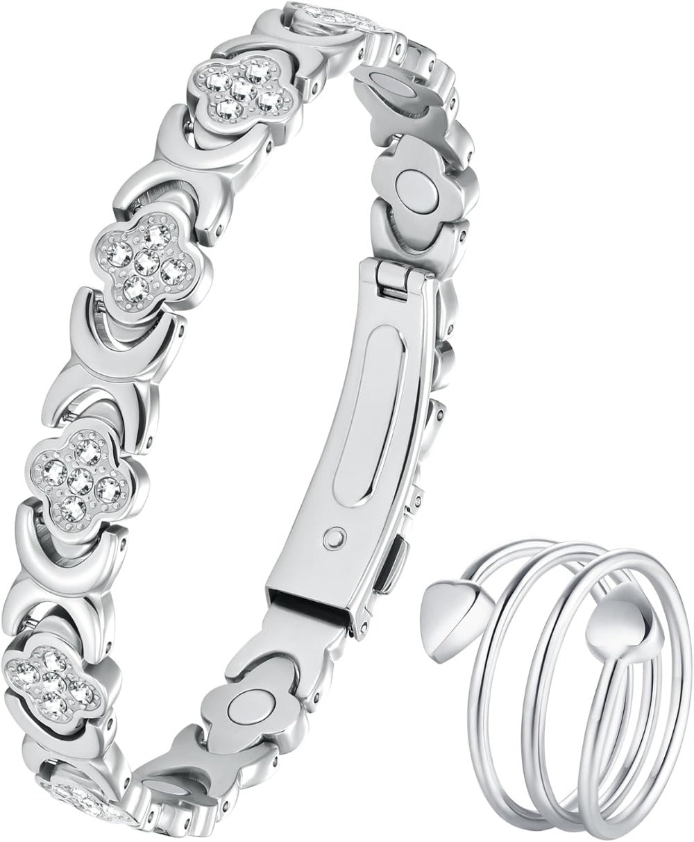 Copper Magnetic Bracelet & Ring for Women, Ultra Strength Magnetic Bracelet with 3800 Gauss Magnets, 99% Pure Copper Four-Leaf Clover Jewelry