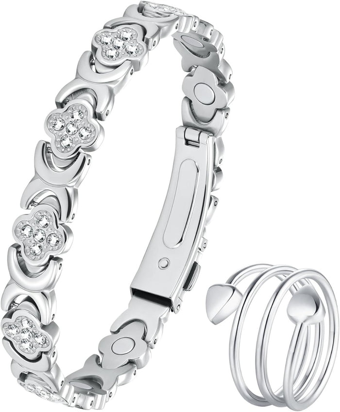 Copper Magnetic Bracelet & Ring for Women, Ultra Strength Magnetic Bracelet with 3800 Gauss Magnets, 99% Pure Copper Four-Leaf Clover Jewelry