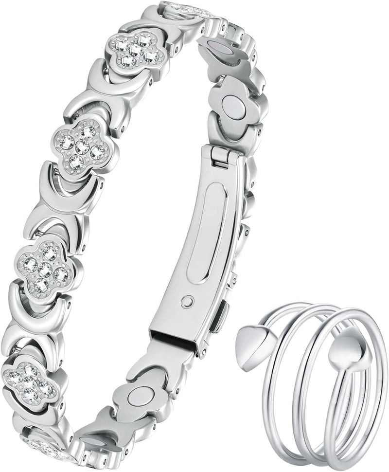 Copper Magnetic Bracelet & Ring for Women, Ultra Strength Magnetic Bracelet with 3800 Gauss Magnets, 99% Pure Copper Four-Leaf Clover Jewelry