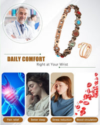 Copper Bracelet & Ring for Women, Natural Turquoise & Stones, Adjustable Length Sizing Tool & Jewelry Box