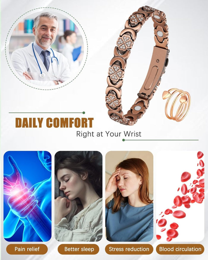 Copper Bracelet & Ring for Women, Ultra Strength Magnetic Bracelet with 3800 Gauss Magnets, Four-Leaf Clover & Infinity Heart Symbol & Crystal, Adjustable Tools and Jewelry Gift Box