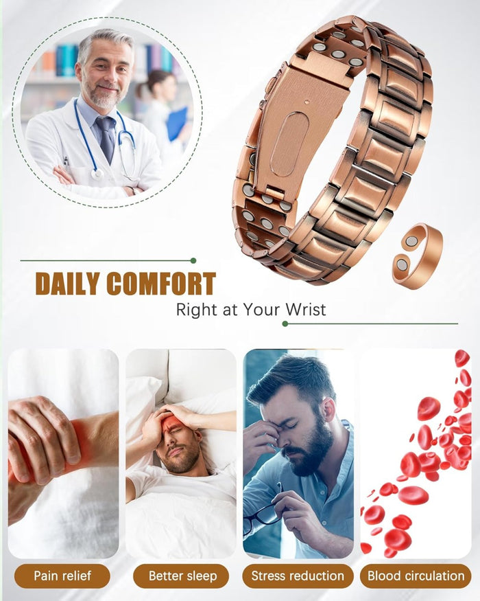3X Strength Magnetic Copper Bracelet for Men - 99.9% Pure Copper Bracelet & Ring Set - Premium Fold-Over Clasp and Adjustable Length Sizing Tool & Jewelry Box