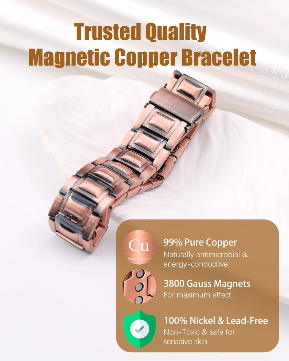 3X Strength Magnetic Copper Bracelet for Men - 99.9% Pure Copper Bracelet & Ring Set - Premium Fold-Over Clasp and Adjustable Length Sizing Tool & Jewelry Box