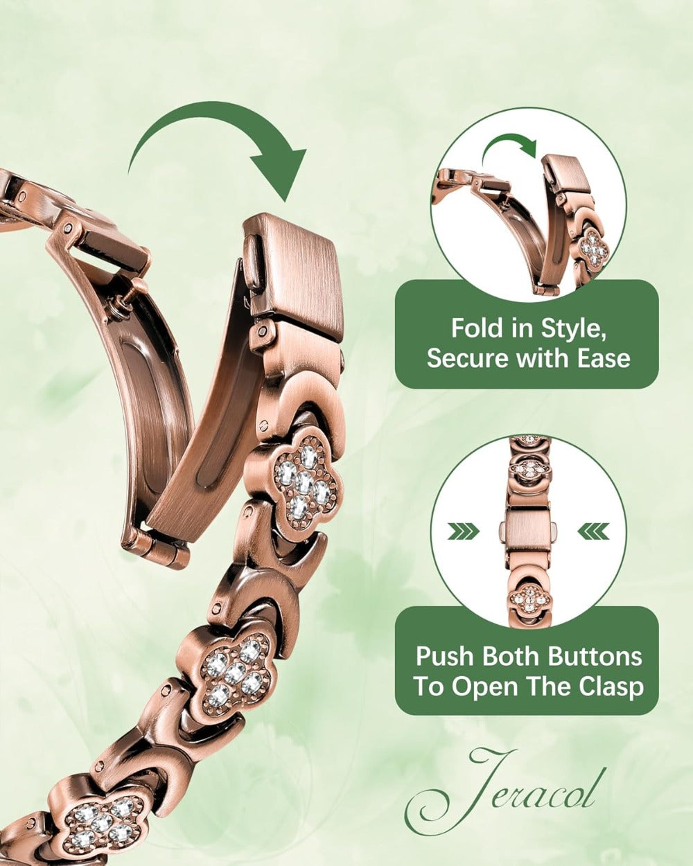 Jeracol 99% Copper Bracelet for Women,Magnetic Bracelet for Women with Lucky Clover Design,Adjustable Length with Sizing Tool in Gift Box