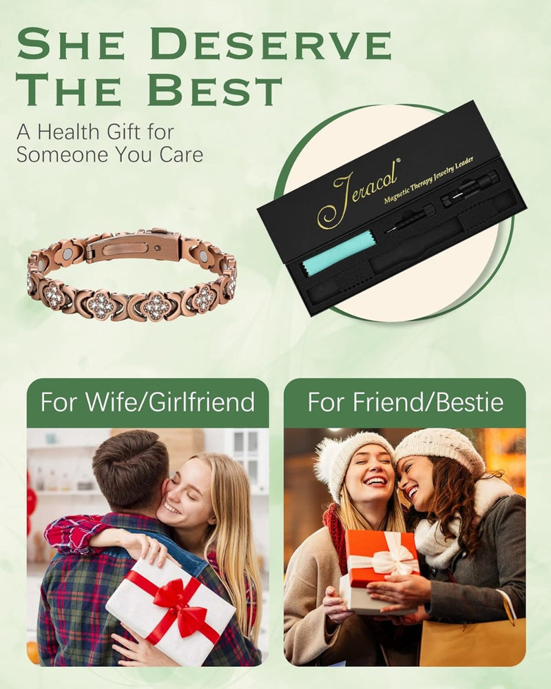 Jeracol 99% Copper Bracelet for Women,Magnetic Bracelet for Women with Lucky Clover Design,Adjustable Length with Sizing Tool in Gift Box