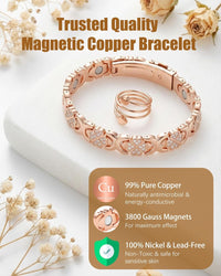 Copper Bracelet & Ring for Women, Ultra Strength Magnetic Bracelet with 3800 Gauss Magnets, Four-Leaf Clover & Infinity Heart Symbol & Crystal, Adjustable Tools and Jewelry Gift Box