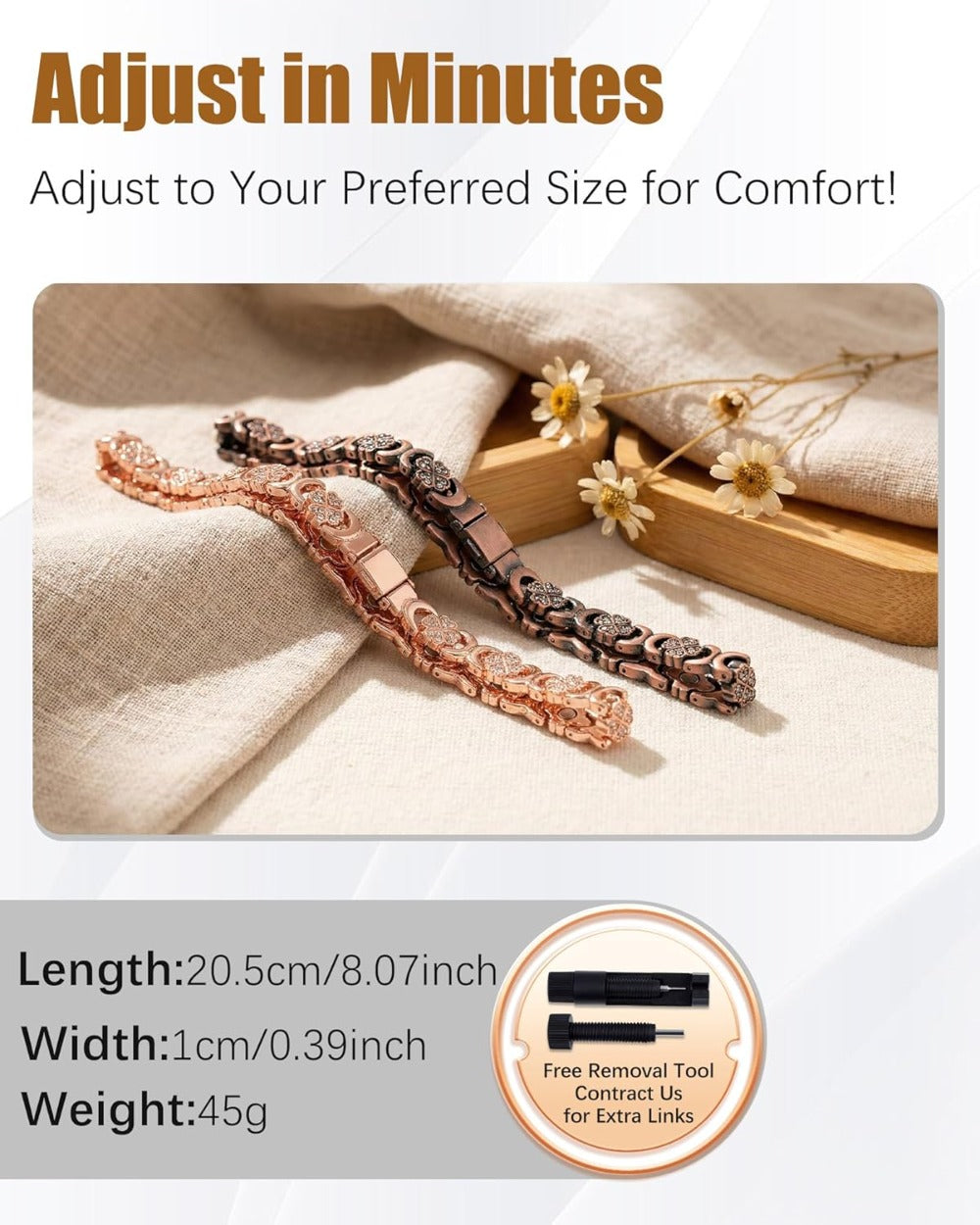 Copper Bracelet & Ring for Women, Ultra Strength Magnetic Bracelet with 3800 Gauss Magnets, Four-Leaf Clover & Infinity Heart Symbol & Crystal, Adjustable Tools and Jewelry Gift Box