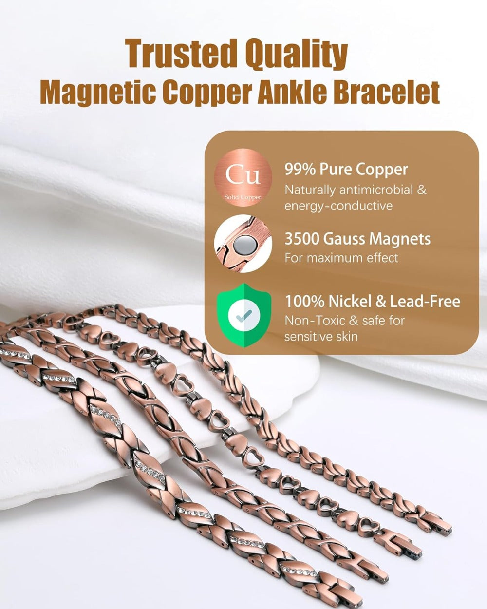 99.99% Pure Copper Ankle Bracelet for Women, Ultra Strength Magnetic Ankle Bracelets for Women with Adjust Tool