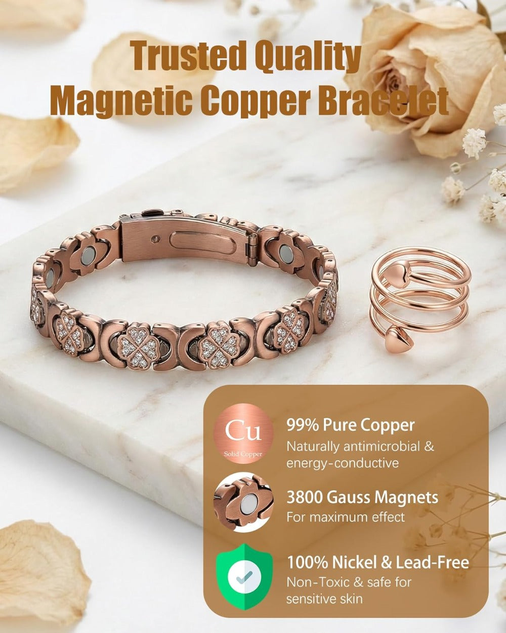 Copper Bracelet & Ring for Women, Ultra Strength Magnetic Bracelet with 3800 Gauss Magnets, Four-Leaf Clover & Infinity Heart Symbol & Crystal, Adjustable Tools and Jewelry Gift Box