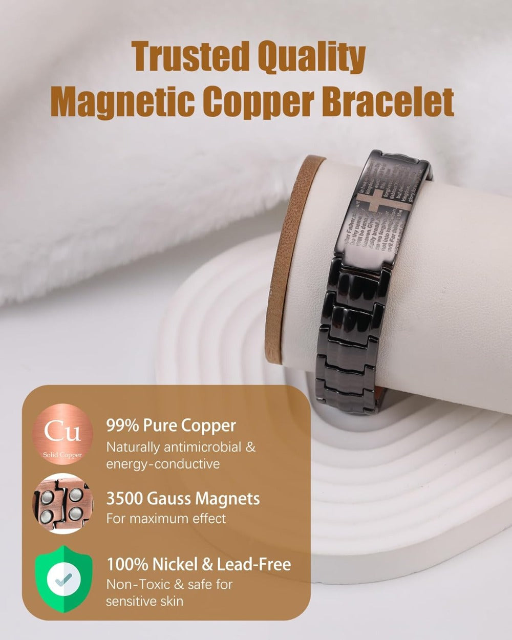 Copper Bracelet for Men, Ultra Strength Magnetic Bracelets with 3500 Gauss Magnets - Adjustable Sizing Tool & Gift Box (Black Cross style)